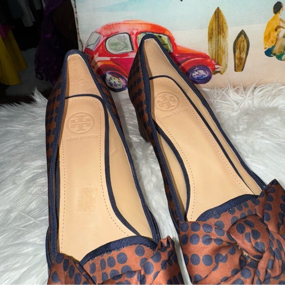 Tory Burch Bow Accent Polka Dot Chunky Heels In Brown & Navy Blue Size 7.5 - Picture 9 of 14